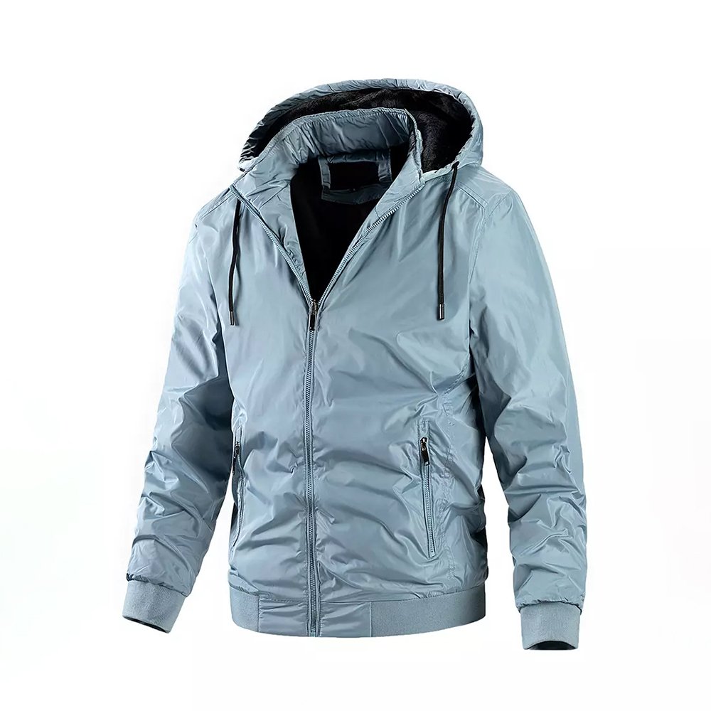 Custom Winter Print Logo Design Windbreaker Drawstring Outdoor High Quality Polyester Blend Mens Zipper Pocket Hiking Jacket