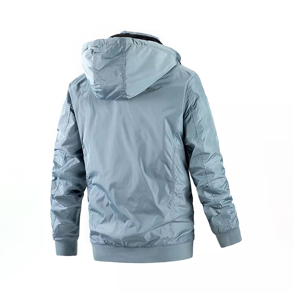 Custom Winter Print Logo Design Windbreaker Drawstring Outdoor High Quality Polyester Blend Mens Zipper Pocket Hiking Jacket
