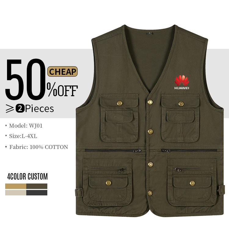 Custom quality 100% cotton men multi-pockets vest khaki color fishing photography waistcoat jackets