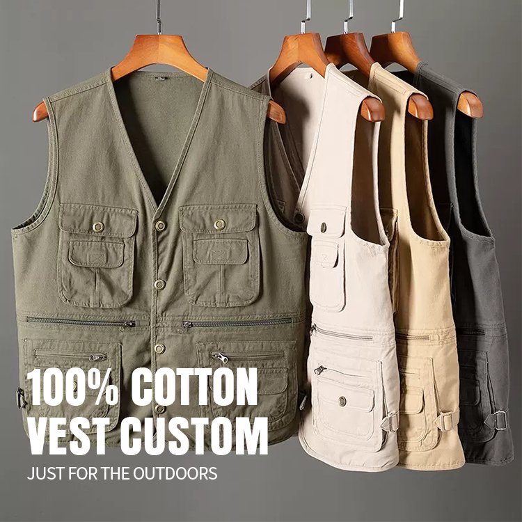 Custom quality 100% cotton men multi-pockets vest khaki color fishing photography waistcoat jackets