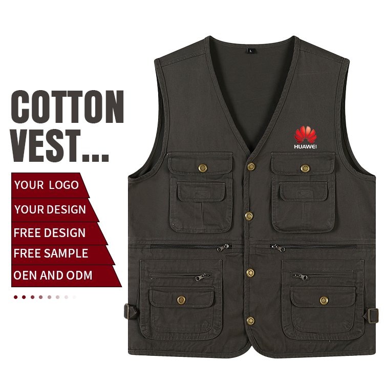 Custom quality 100% cotton men multi-pockets vest khaki color fishing photography waistcoat jackets