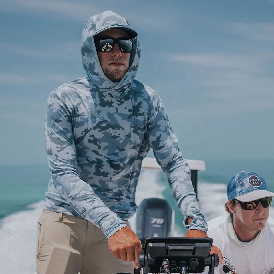 2024 OEM High Quality Sublimation Printing Quick Dry Polyester Performance Fishing Hoodie UPF 50 Hooded Fishing Shirt