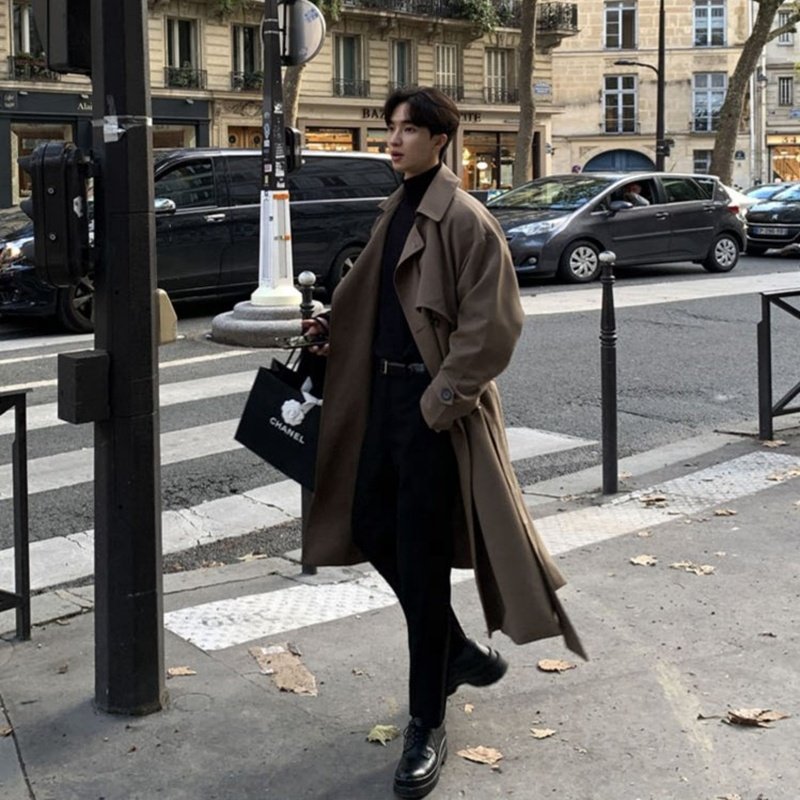 Korean style Spring Trench Coat Male Streetwear Windbreaker Trenchcoat Men Solid Business Casual Loose Long Overcoat