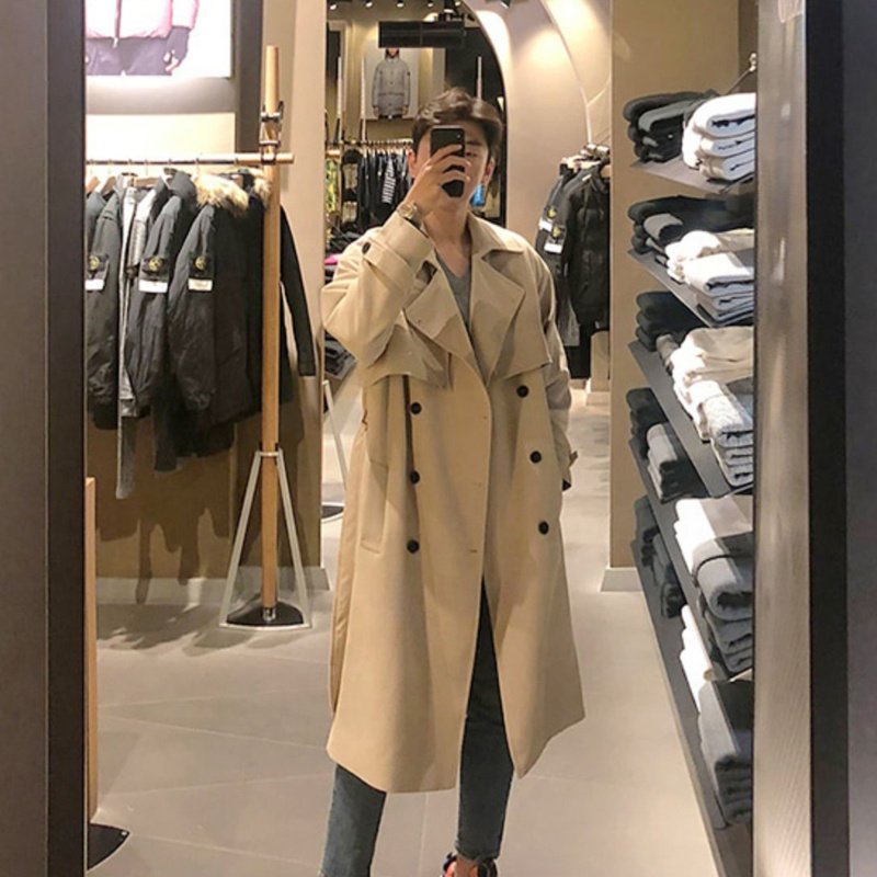 Korean style Spring Trench Coat Male Streetwear Windbreaker Trenchcoat Men Solid Business Casual Loose Long Overcoat