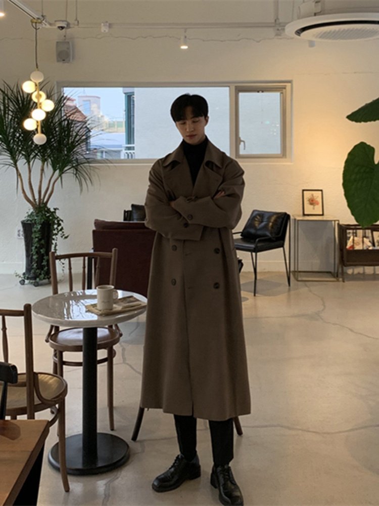 Korean style Spring Trench Coat Male Streetwear Windbreaker Trenchcoat Men Solid Business Casual Loose Long Overcoat