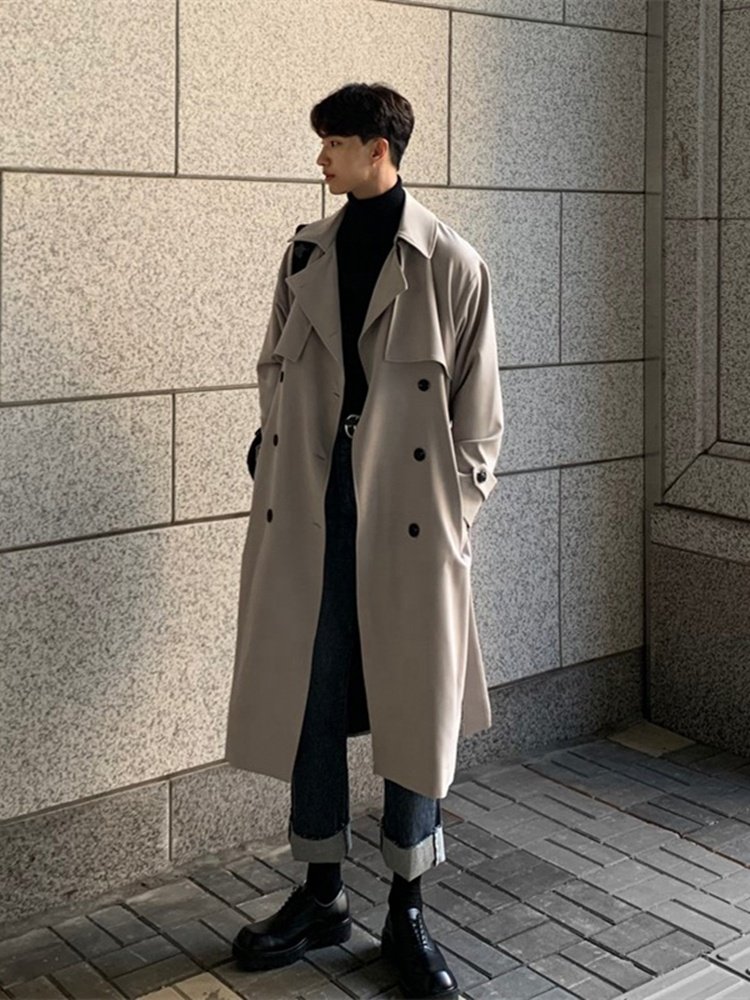 Korean style Spring Trench Coat Male Streetwear Windbreaker Trenchcoat Men Solid Business Casual Loose Long Overcoat