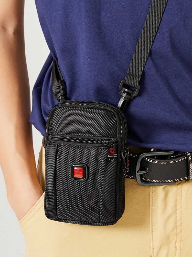 A Swiss Army slasher phone, a man with a thong, a general multipurpose bag, a man's bag with a belt