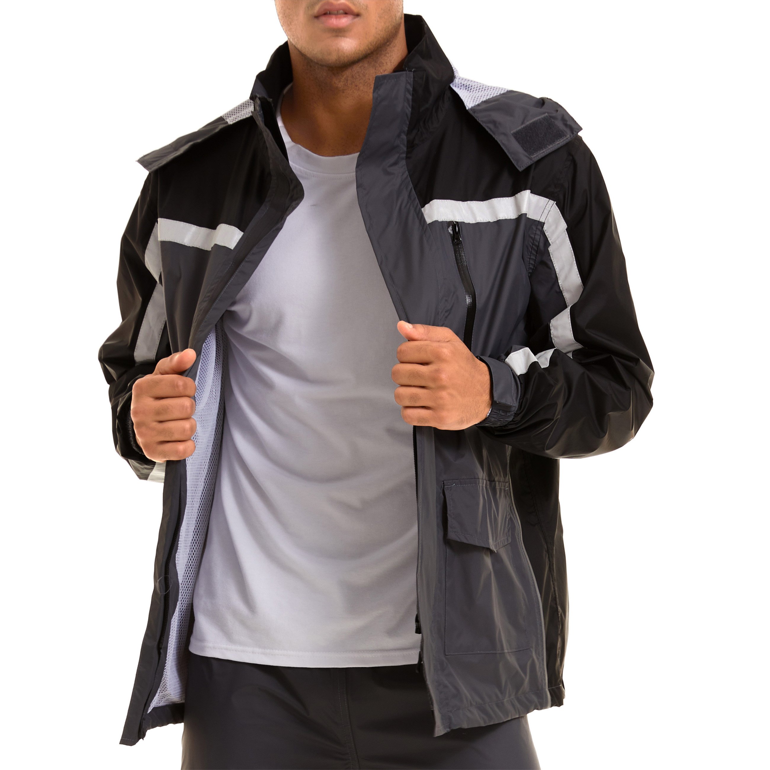 Wind Breaker Jacket Mens Nylon Hiking Rain Jacket Hoodie Outdoor Working Camping Rainwear Waterproof Reflective Safety Clothing