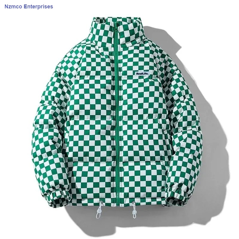 Men Winter Thick Warm Zip Up Puffer Waterproof Coat Jacket Unisex Casual Down Cotton Parkas Autumn Stand Collar Print Lattice