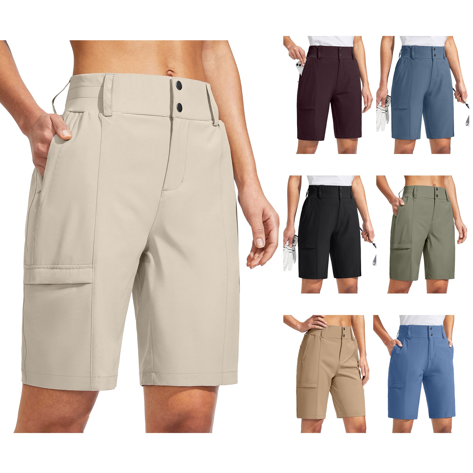 Women's High Waisted Golf Hiking Shorts 9 Inches Quick Dry Bermuda Long Shorts with Zipper Pockets Plus Size Logo Decoration