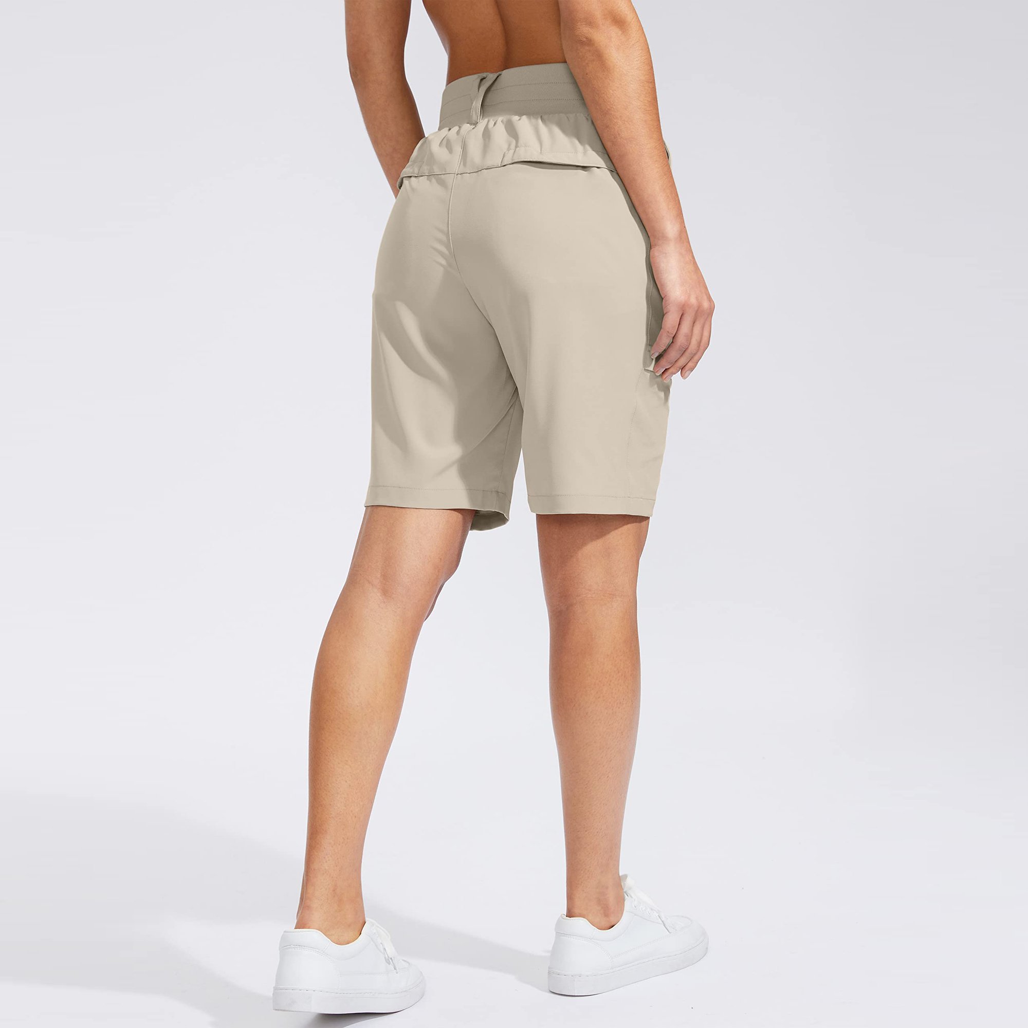 Women's High Waisted Golf Hiking Shorts 9 Inches Quick Dry Bermuda Long Shorts with Zipper Pockets Plus Size Logo Decoration