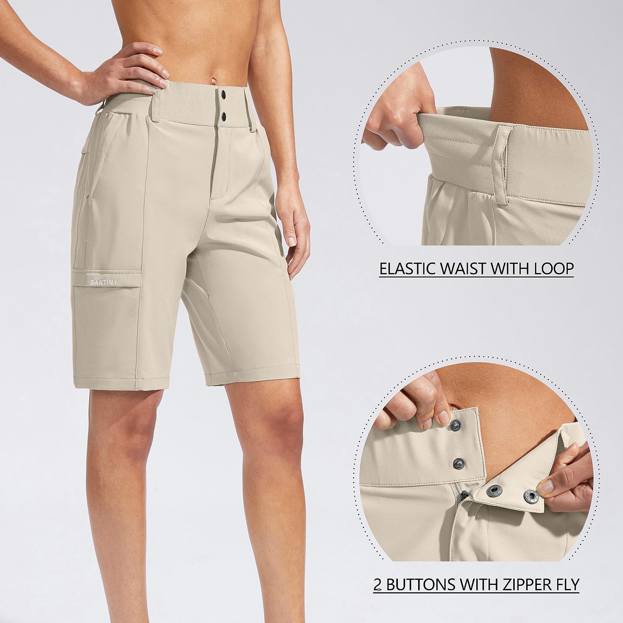 Women's High Waisted Golf Hiking Shorts 9 Inches Quick Dry Bermuda Long Shorts with Zipper Pockets Plus Size Logo Decoration