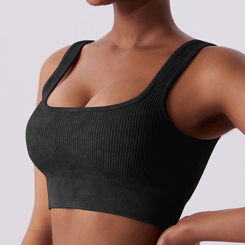Women Ribbed Low Neck Yoga Top Lady Shockproof Thick Shoulder Strap Gym Vest Female Chest Pad Gather Running Fitness Bra