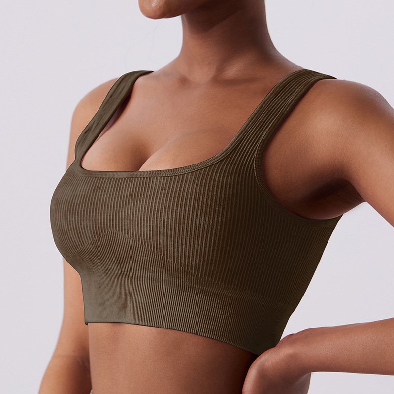 Women Ribbed Low Neck Yoga Top Lady Shockproof Thick Shoulder Strap Gym Vest Female Chest Pad Gather Running Fitness Bra