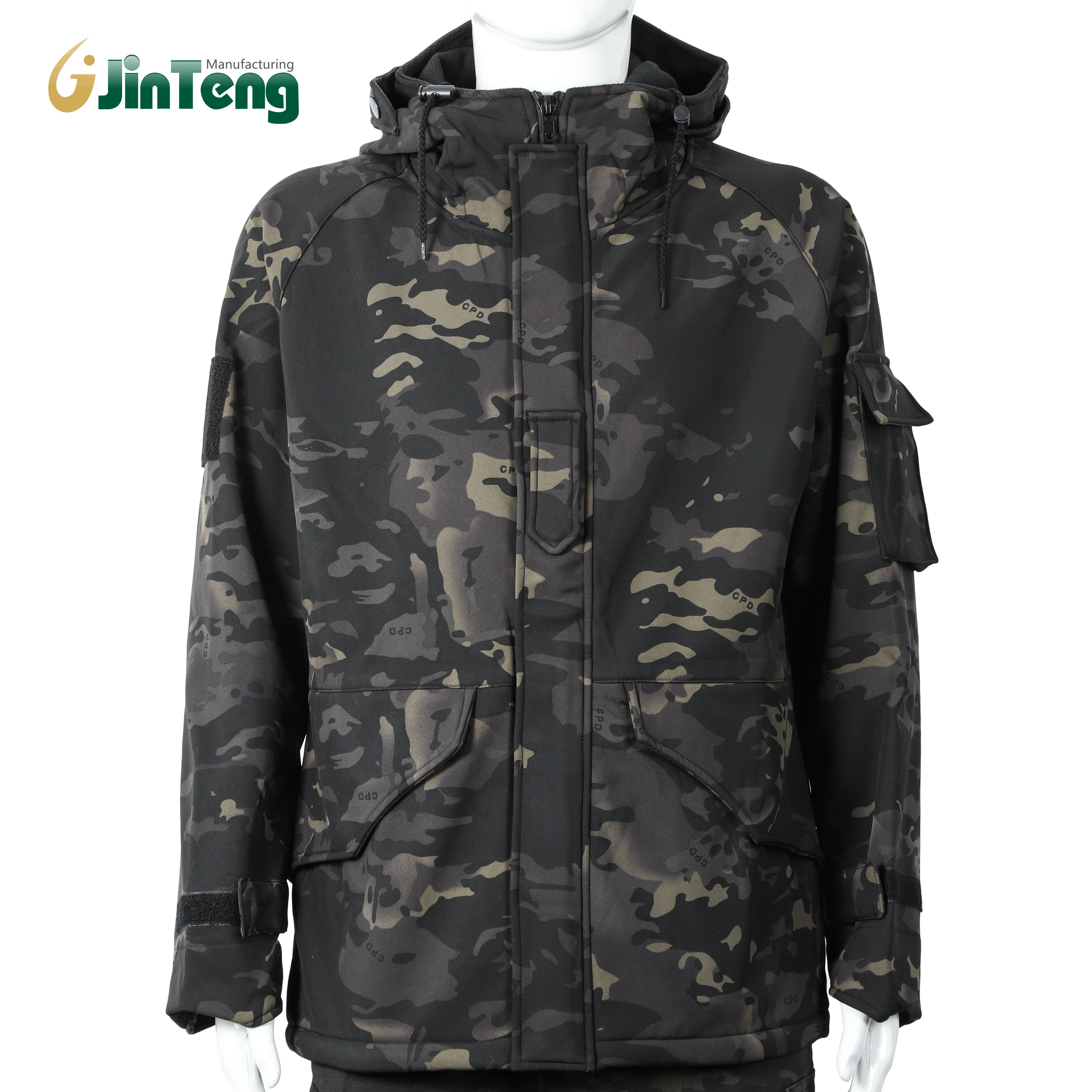 Jinteng Customized Logo Men Waterproof Softshell Fleece Outdoor Hiking Clothing Security Guard Tactical Camo Uniforms Jacket