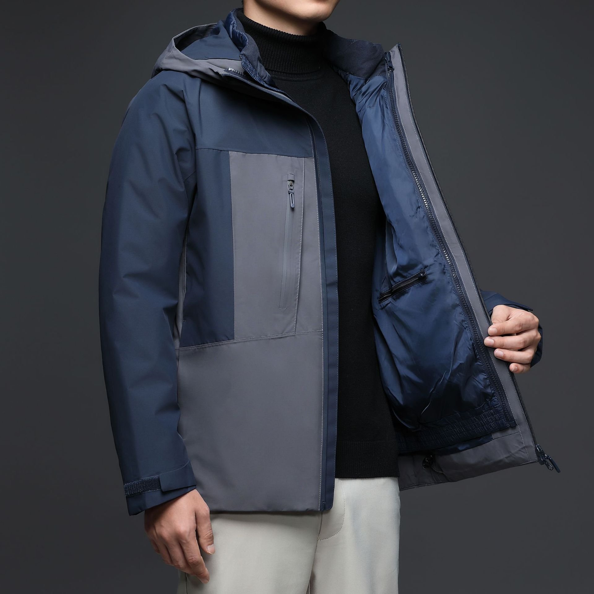 Stand Collar Contrasting Color Waterproof And Windproof Raincoat Warm Sweatshirt Hooded Sports Jacket Waterproof Jacket