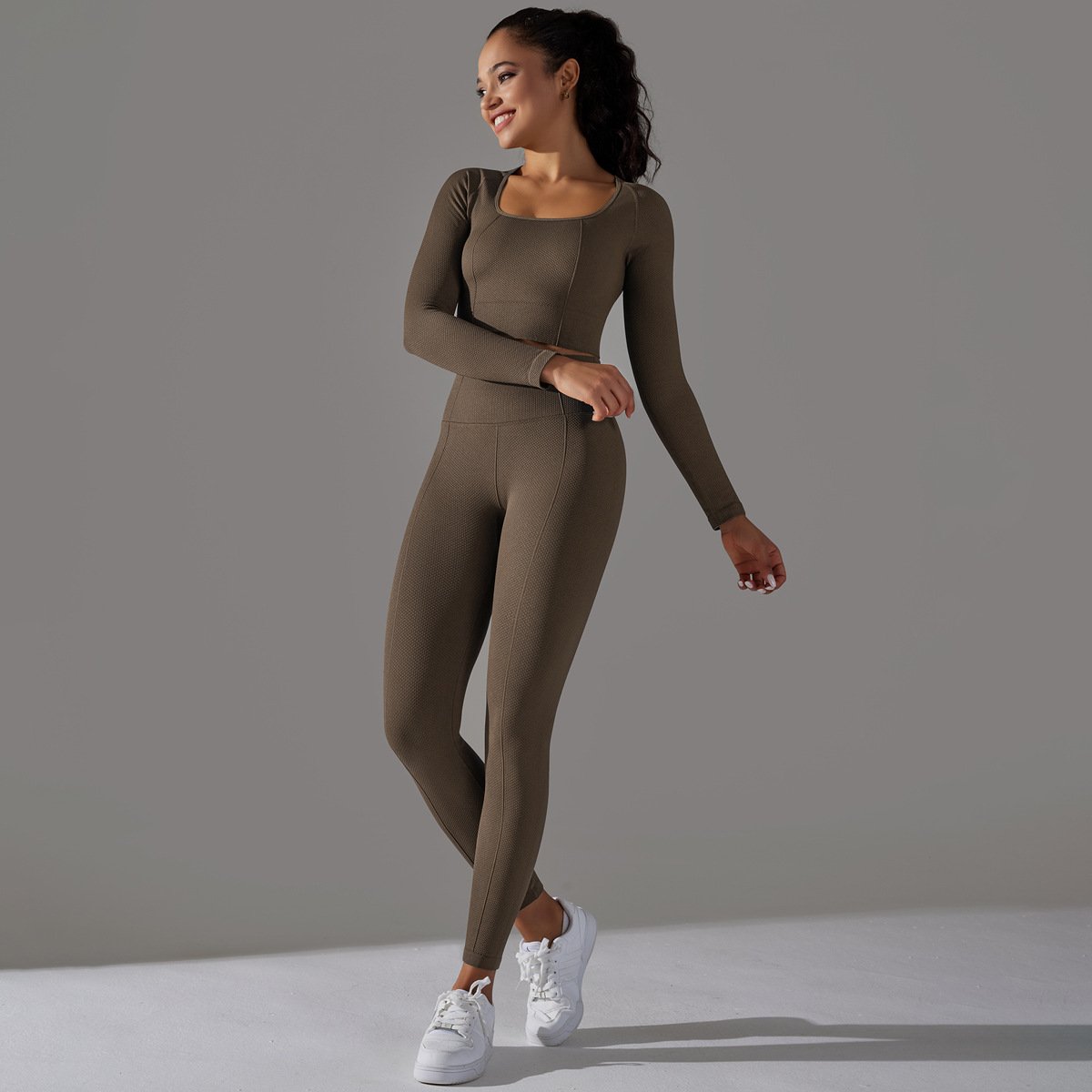 2PCS Custom Logo Women Yoga Sets Girls Seamless Long Sleeve Top High Waist Yoga Leggings Sports Suits Female Gym Training Sets
