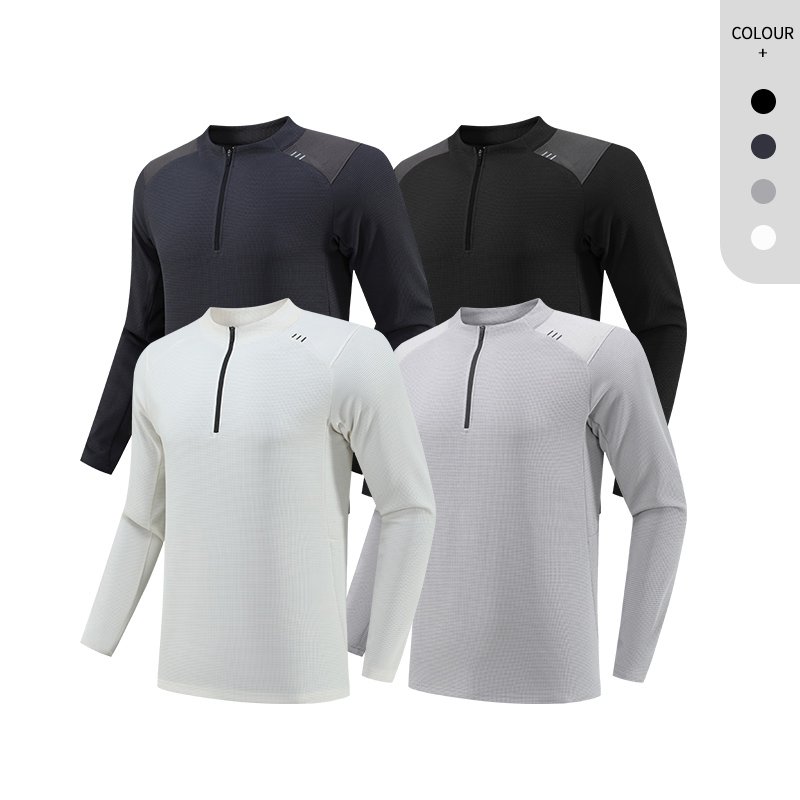 Quick Dry Fitness Sports T Shirt Men Quarter Zip Full Sleeve Reflective Shirt Gym Running Shirt