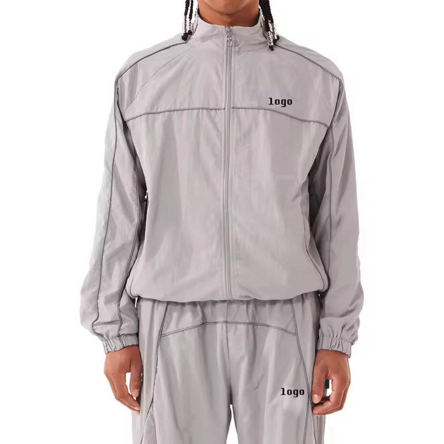 Wholesale High Quality Nylon Windbreaker Track Set 3m Reflective Strip Custom Piping Sports Tracksuit For Men