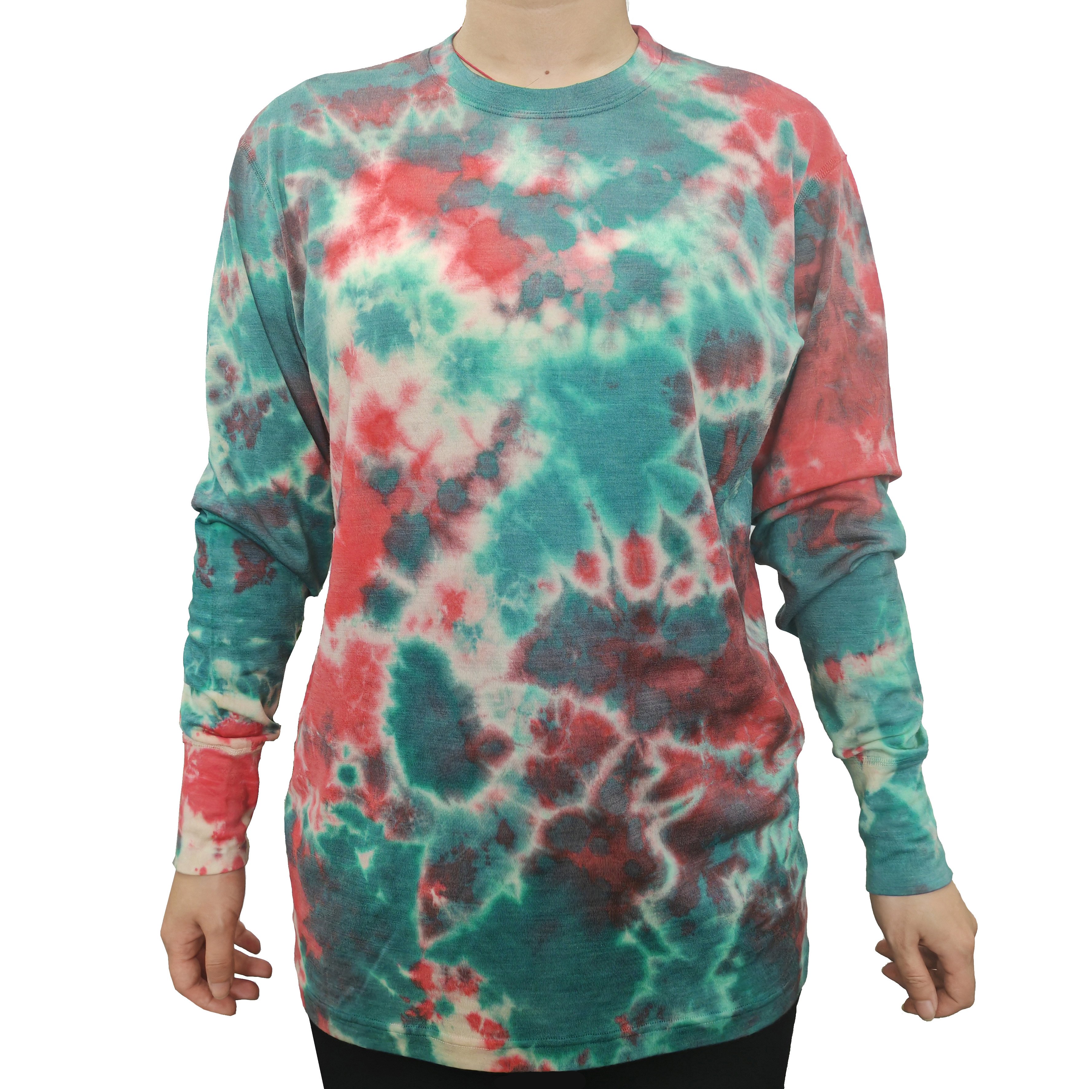 New Design Tie Dying 100% Merino Wool Long Sleeve Base Layer Women's Crew Neck Shirt Merino Wool Blend T-shirt
