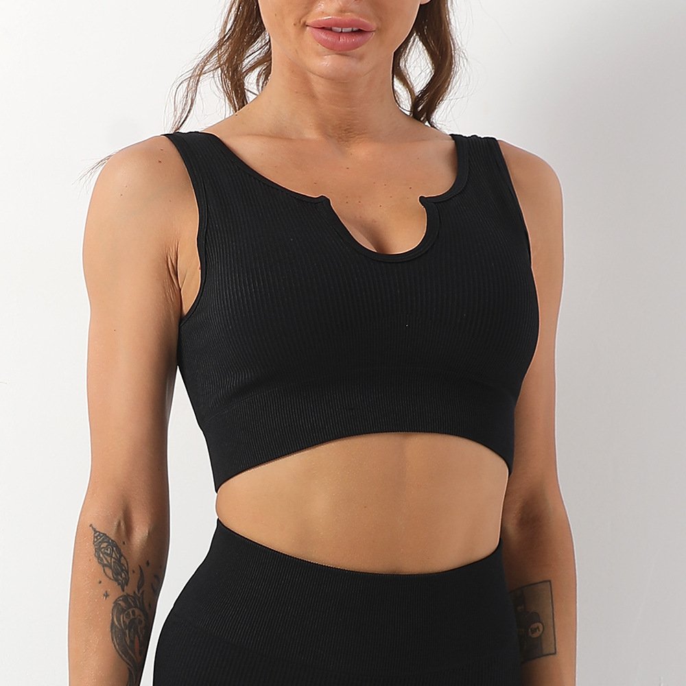 Women Ribbed Shockproof Crop Yoga Top Lady Low Neck Open Back Gym Vest Female Gather Quick Dry Running Fitness Bra