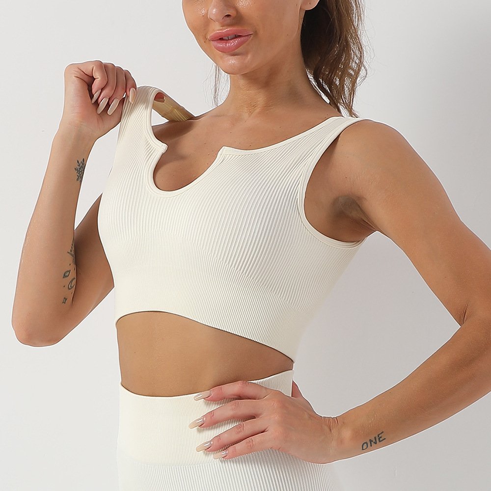 Women Ribbed Shockproof Crop Yoga Top Lady Low Neck Open Back Gym Vest Female Gather Quick Dry Running Fitness Bra