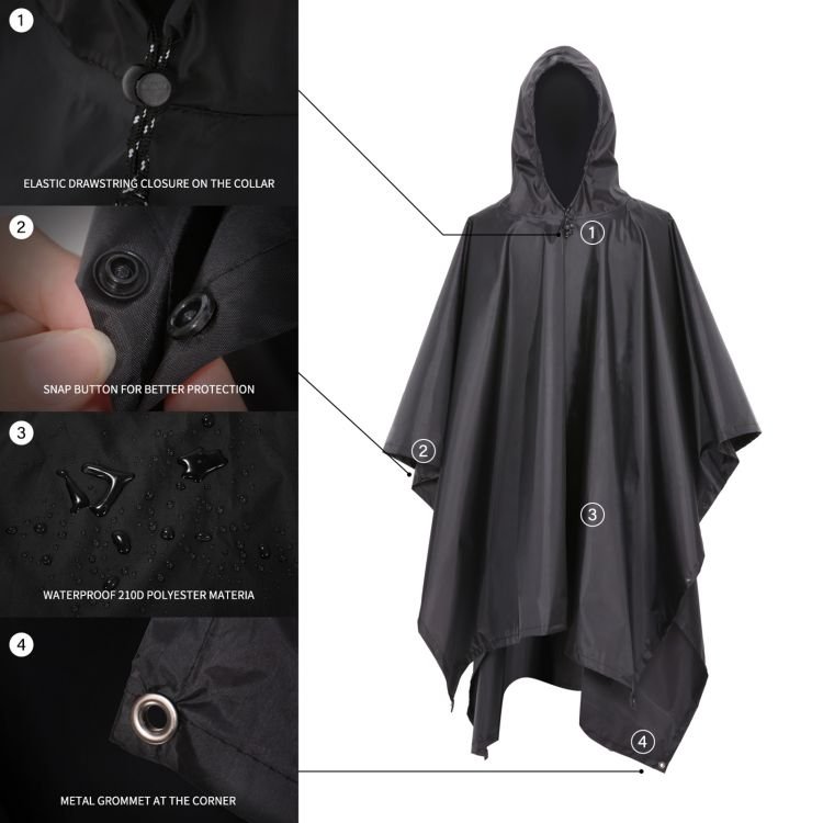 3-in-1 Waterproof Rain Poncho Lightweight Hooded Rain Coat Picnic Mat Blanket Sun Shelter for Outdoor Camping Hiking Cycle Climb