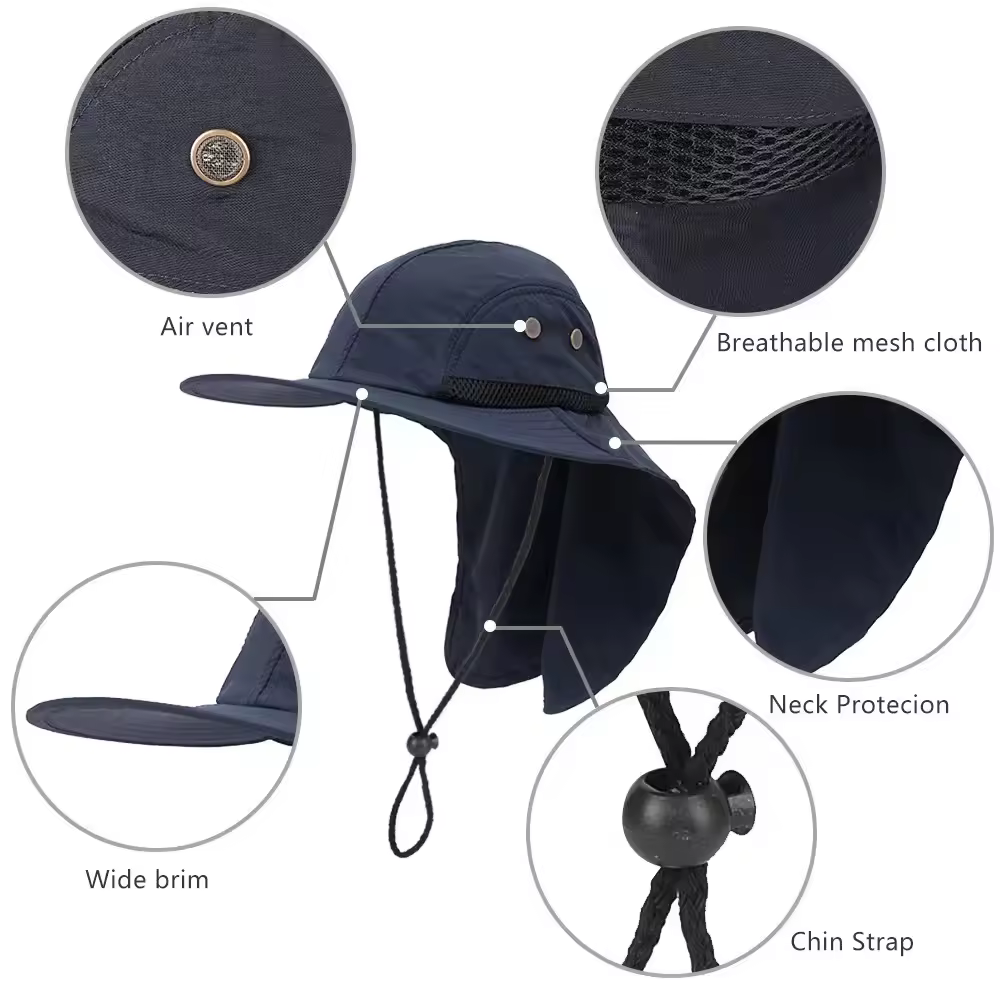 Men Sun Hat Outdoor Quick dry UV Protection Waterproof Safari Hiking Fishing Wide Brim Bucket Hat With Neck Flap