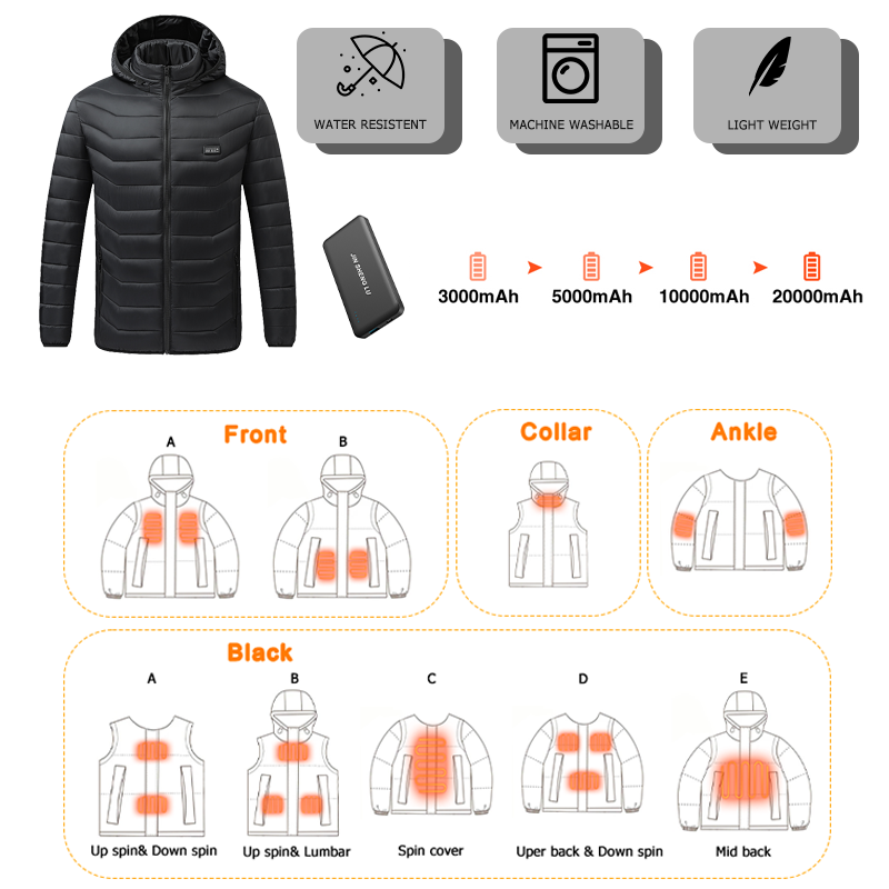 Factory USB Electric Self Heating Jacket Waterproof Lightweight Self Heated Jacket In Stock