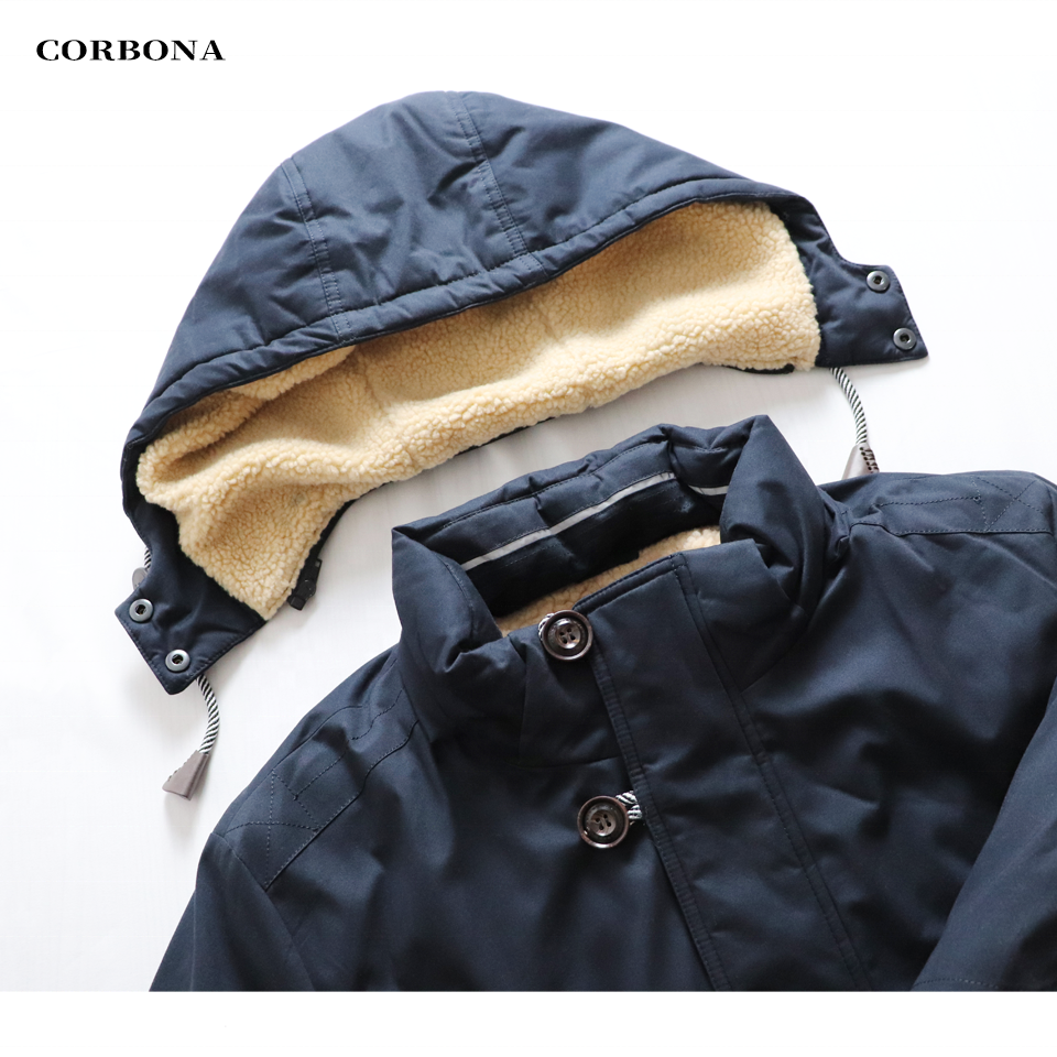 CORBONA High Quality Warm Cotton Clothing Men's Jacket Business Casual Mid-Length Fashion Thicken Coat Lamb Wool in Hat