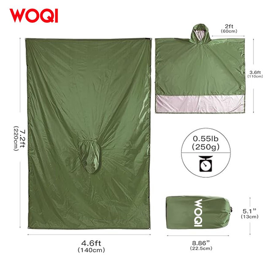 WOQI Solid Color Waterproof Hooded Raincoat, Unisex Hiking, Camping, and Mountaineering Poncho