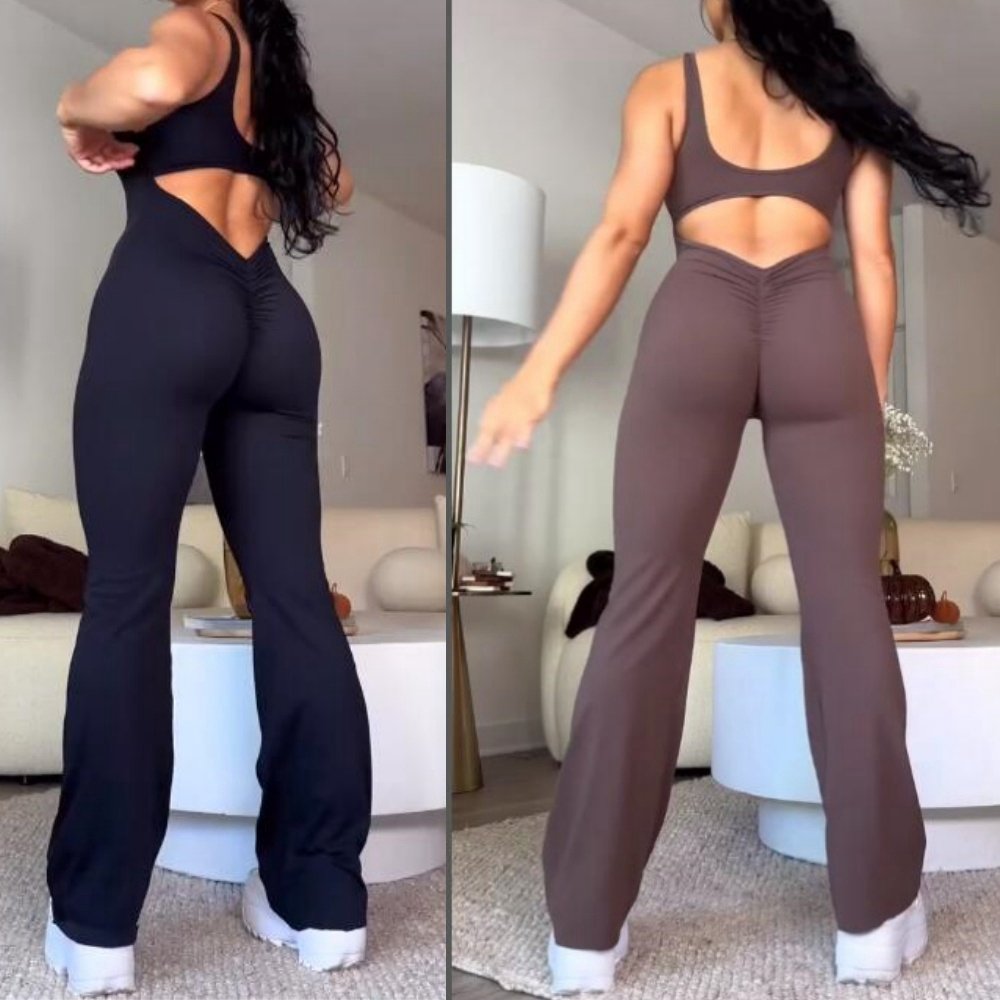 New Hollow Out Back Jumpsuit Yoga Overalls Women Active Gym Scrunch Workout Clothes Flare Pants Bodycon Jumpsuits