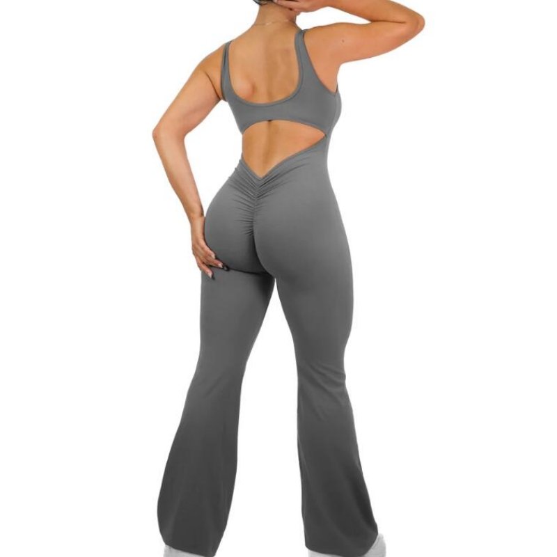 New Hollow Out Back Jumpsuit Yoga Overalls Women Active Gym Scrunch Workout Clothes Flare Pants Bodycon Jumpsuits
