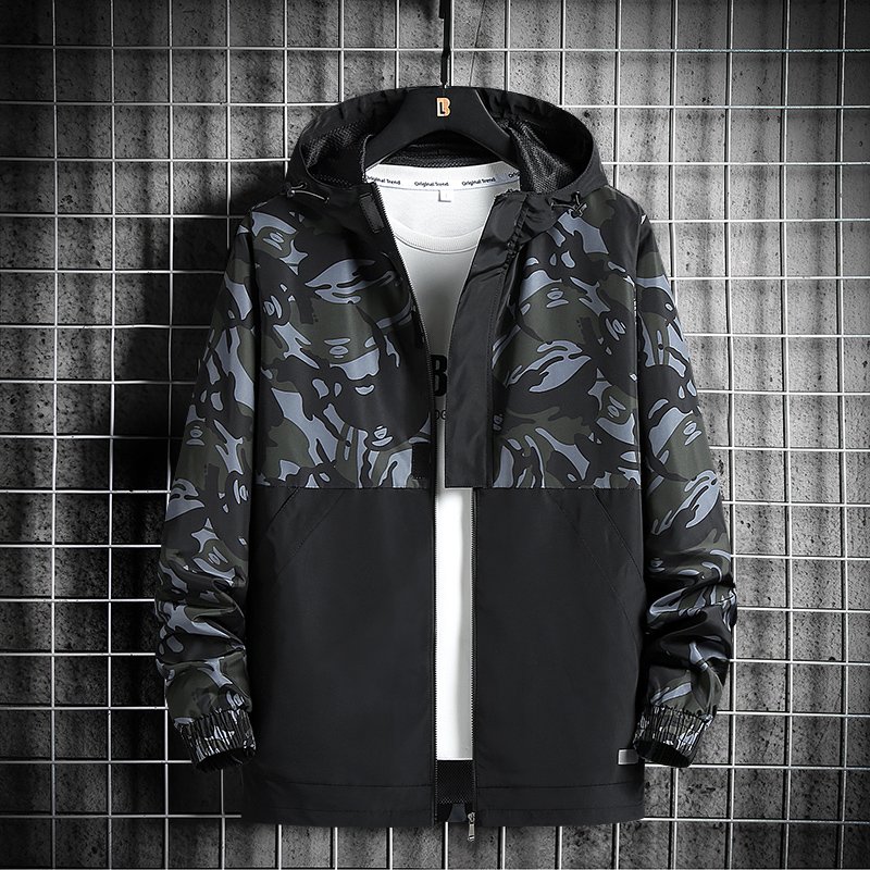 Men's Lightweight Waterproof Hooded Rain Jacket Soft Shell Outdoor Coat Zipper Closure Hiking Travel Fishing Camouflaged Style