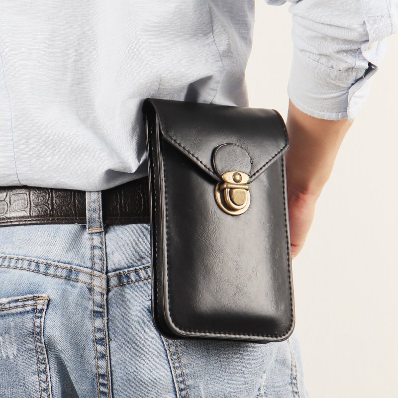Leather cell phone with belts on the work site, men's multi-purpose waterproof cell phone bag with wallets between the thin waist