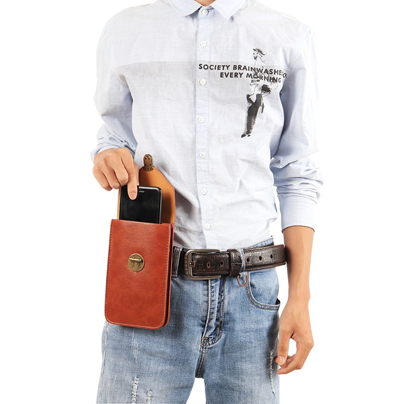 Leather cell phone with belts on the work site, men's multi-purpose waterproof cell phone bag with wallets between the thin waist