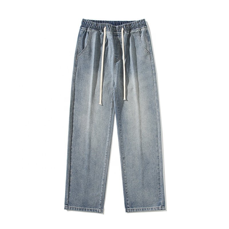 Men's Regular Fit Straight Leg Jeans Casual Drawstring Elastic Waist Denim Pants Lightweight Jean