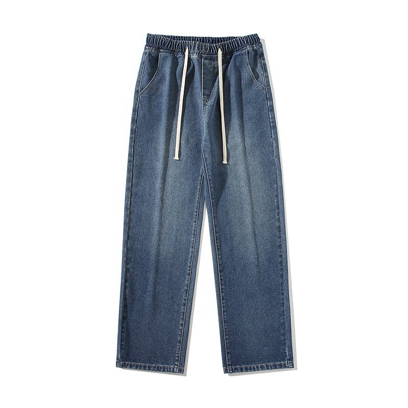 Men's Regular Fit Straight Leg Jeans Casual Drawstring Elastic Waist Denim Pants Lightweight Jean