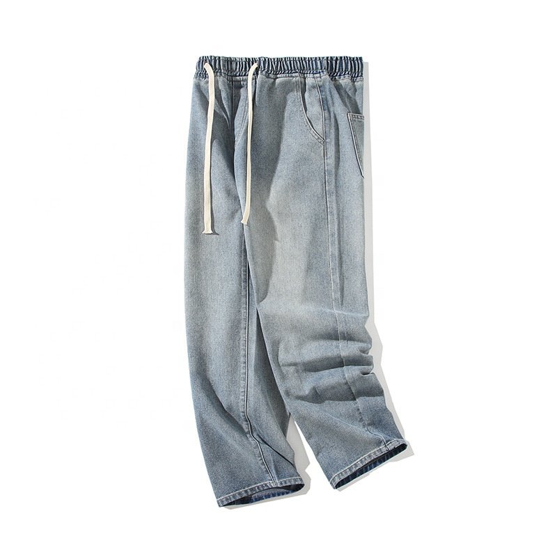 Men's Regular Fit Straight Leg Jeans Casual Drawstring Elastic Waist Denim Pants Lightweight Jean