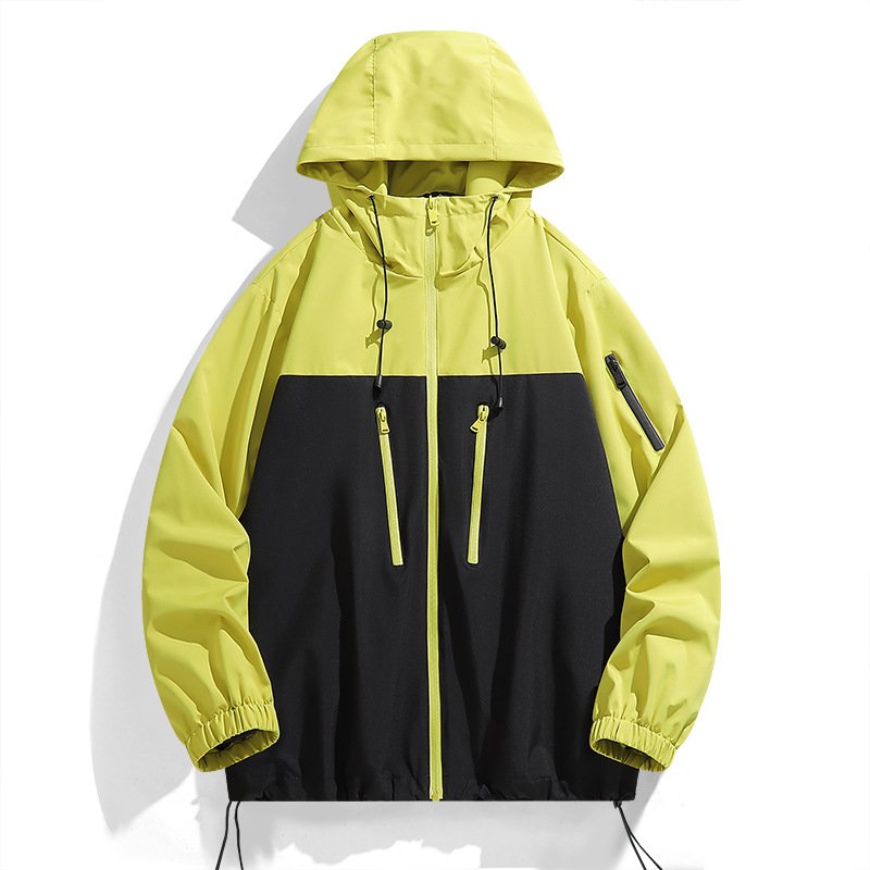 Unisex Outdoor Spring Autumn Storm Hard Hooded Jacket Breathable Windproof Long Zipper Matching Color Couples Bomber Jacket