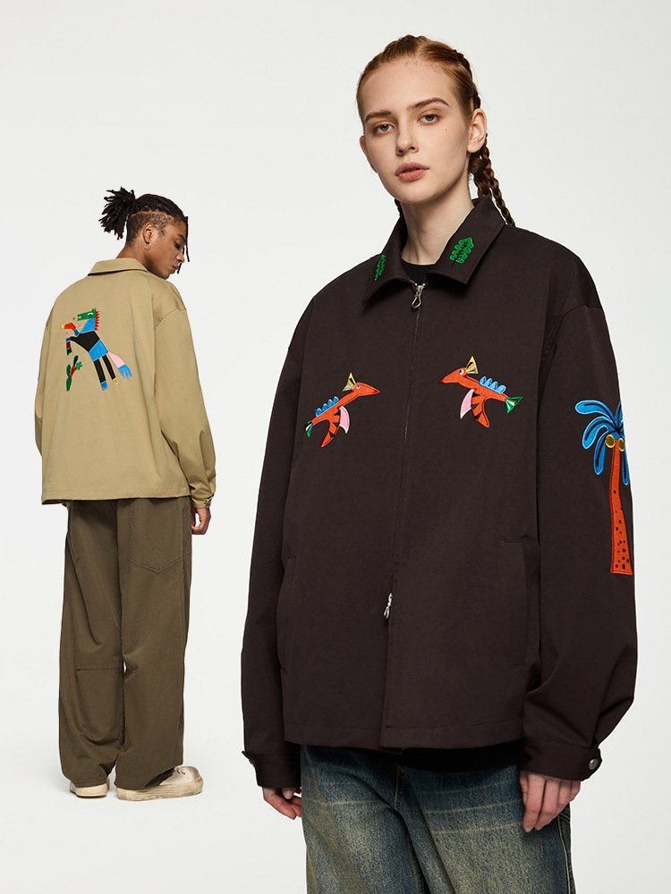 Spring men's jacket button cuffs minimalist breathe lapel jacket cartoon embroidered jacket casual men's clothing