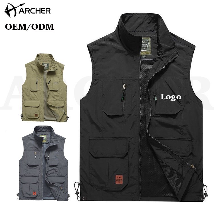 Customize Logo Summer Outdoor Work Vest Men 100% Cotton Cargo Zipper Multi Pocket Vest