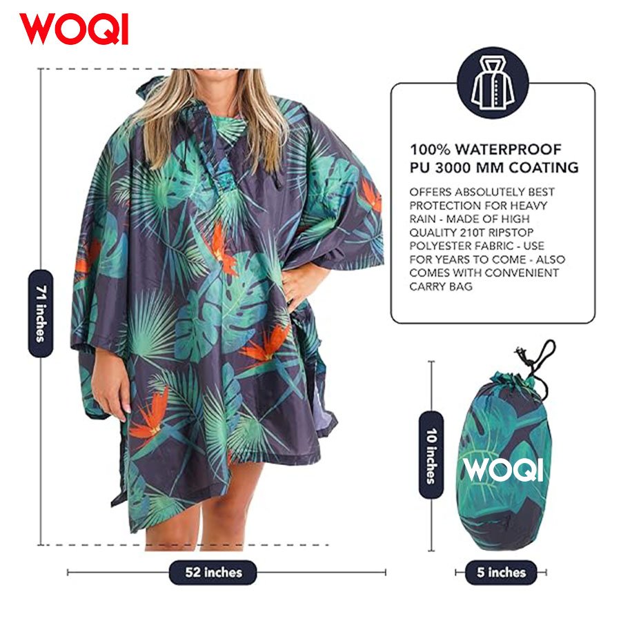WOQI hooded printed waterproof poncho, unisex adult jacket,For hiking and camping purposes