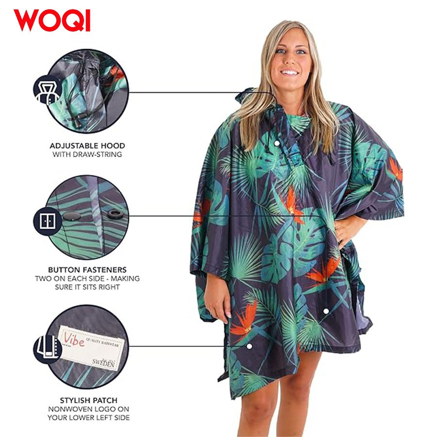 WOQI hooded printed waterproof poncho, unisex adult jacket,For hiking and camping purposes