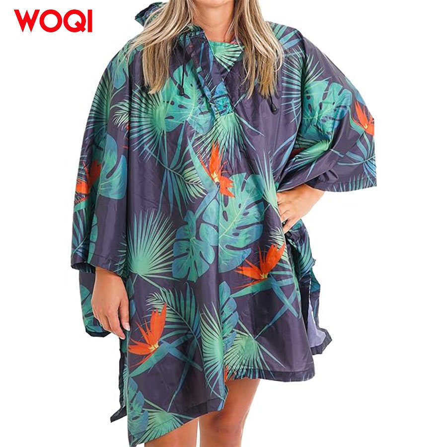 WOQI hooded printed waterproof poncho, unisex adult jacket,For hiking and camping purposes