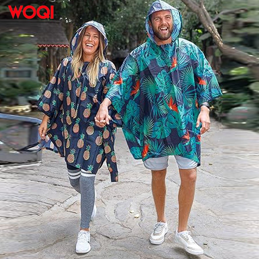 WOQI hooded printed waterproof poncho, unisex adult jacket,For hiking and camping purposes