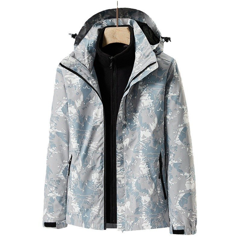 Leisure Waterproof Couple Mountaineering Hiking Hooded Jacket Polyester Windbreaker Unisex Jackets Mens Outdoor 2 in 1 Coats