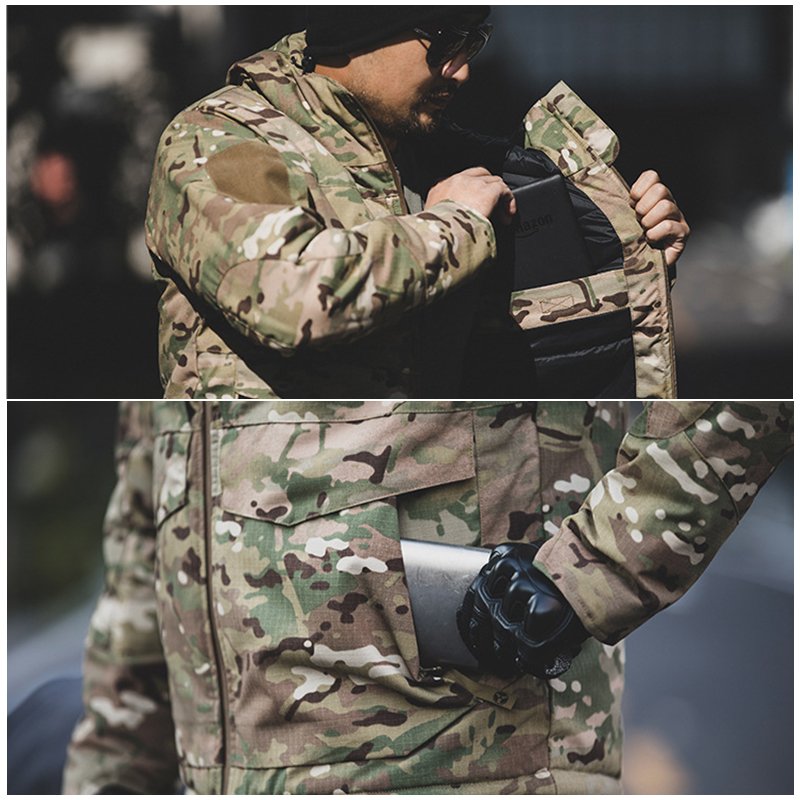 Men's outdoor tactical thickened camouflage cotton-padded heat reflection hooded ski hiking hardshell winter windproof coat