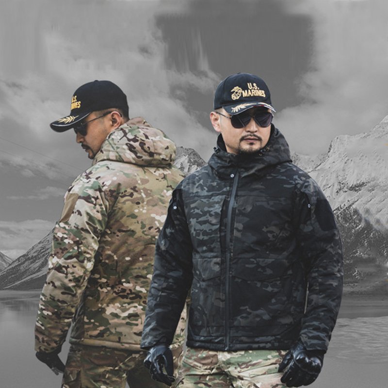 Men's outdoor tactical thickened camouflage cotton-padded heat reflection hooded ski hiking hardshell winter windproof coat