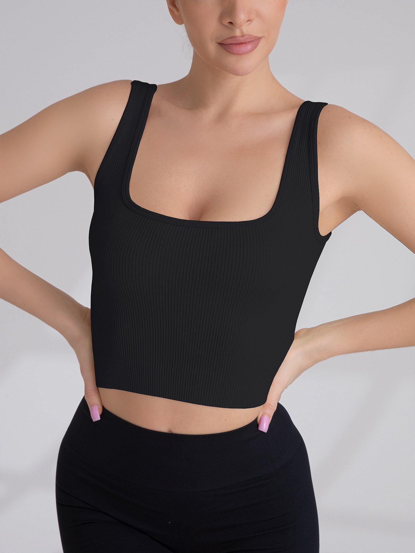 Women Ribbed Seamless Yoga Shirts Lady Square Neck Open Back Gym Top Female Gather Thick Shoulder Strap Running Fitness T Shirt